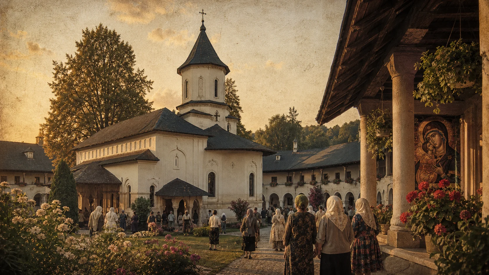 Mănăstire cu turlă albă și pelerini la curtea interioară pe 15 august — pelerinajul ca instrument cultural