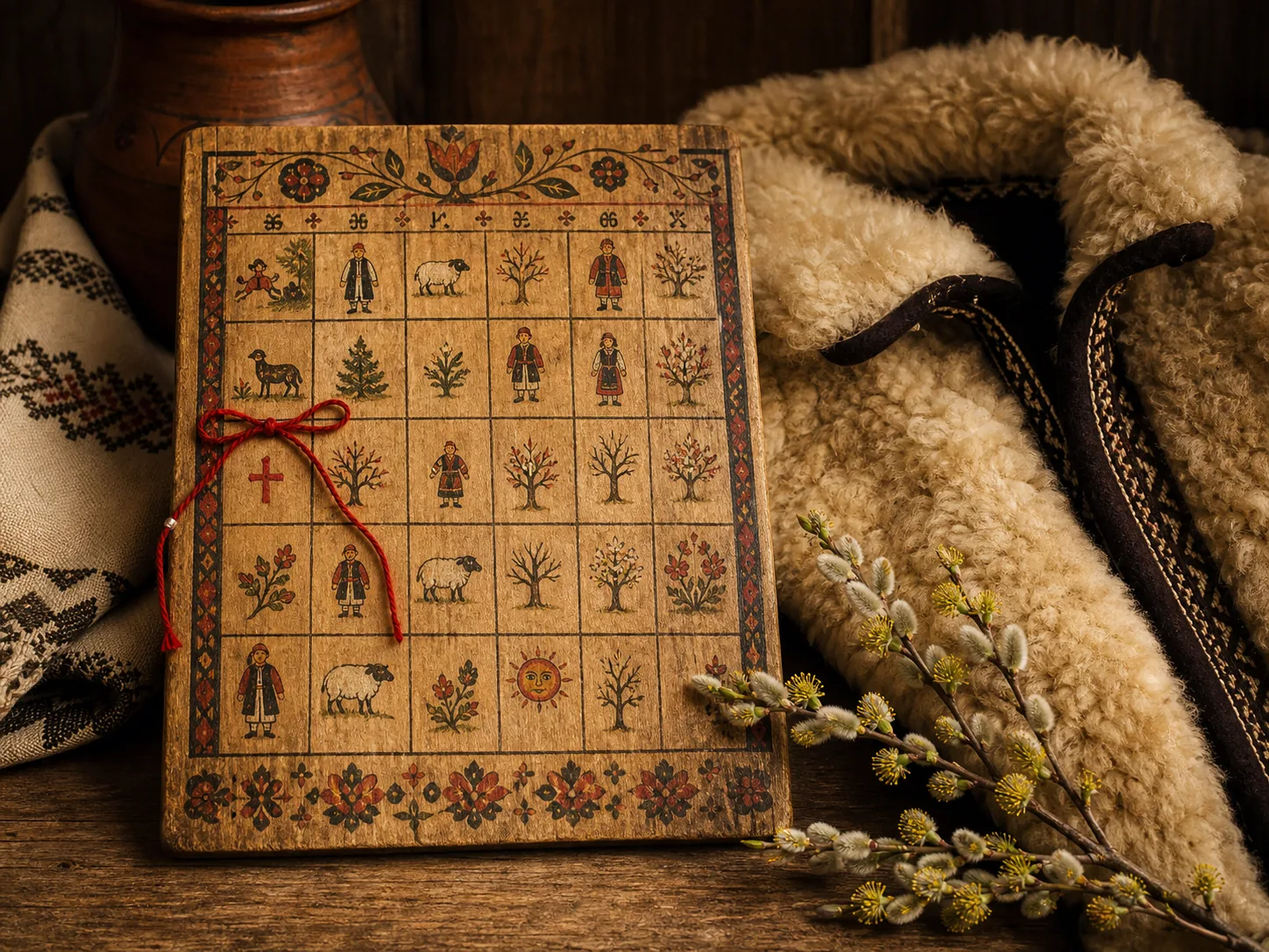 Calendar popular românesc pictat pe lemn, 1 martie marcat cu un fir roșu și o cruce — peste numele sfintei Evdochia s-a brodat întreaga coregrafie a începutului de an agricol