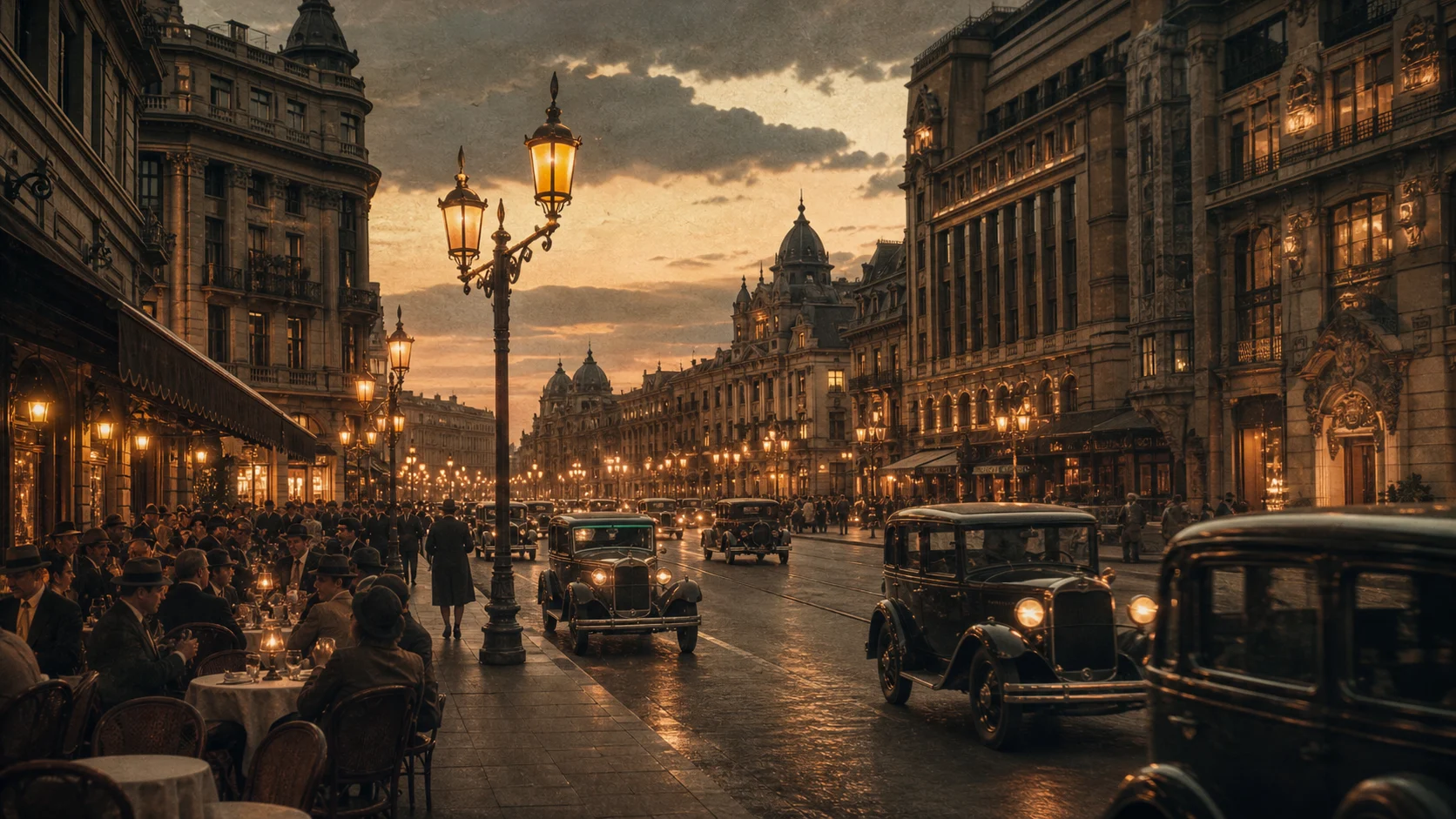 Calea Victoriei în lumină de seară, anii ’30 — cartea poștală a Bucureștiului „de altădată”, înainte să fie filtrată prin nostalgie
