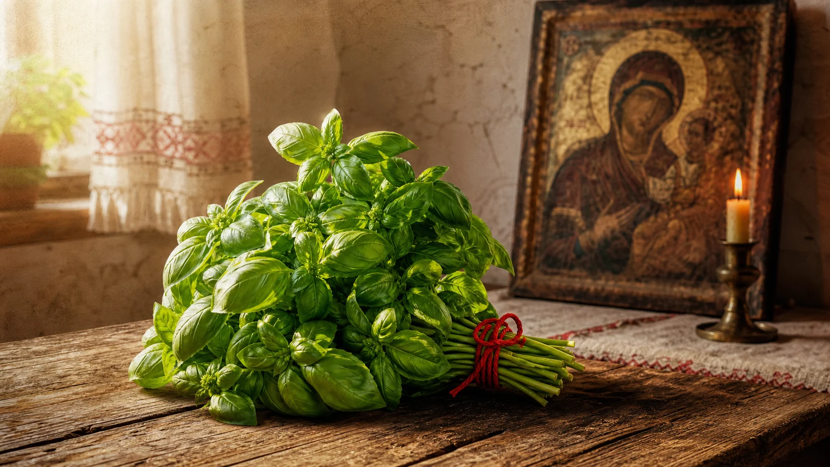 Mănunchi de busuioc verde legat cu ață roșie lângă o icoană și o lumânare: singura plantă din grădină care ajunge în mâna preotului