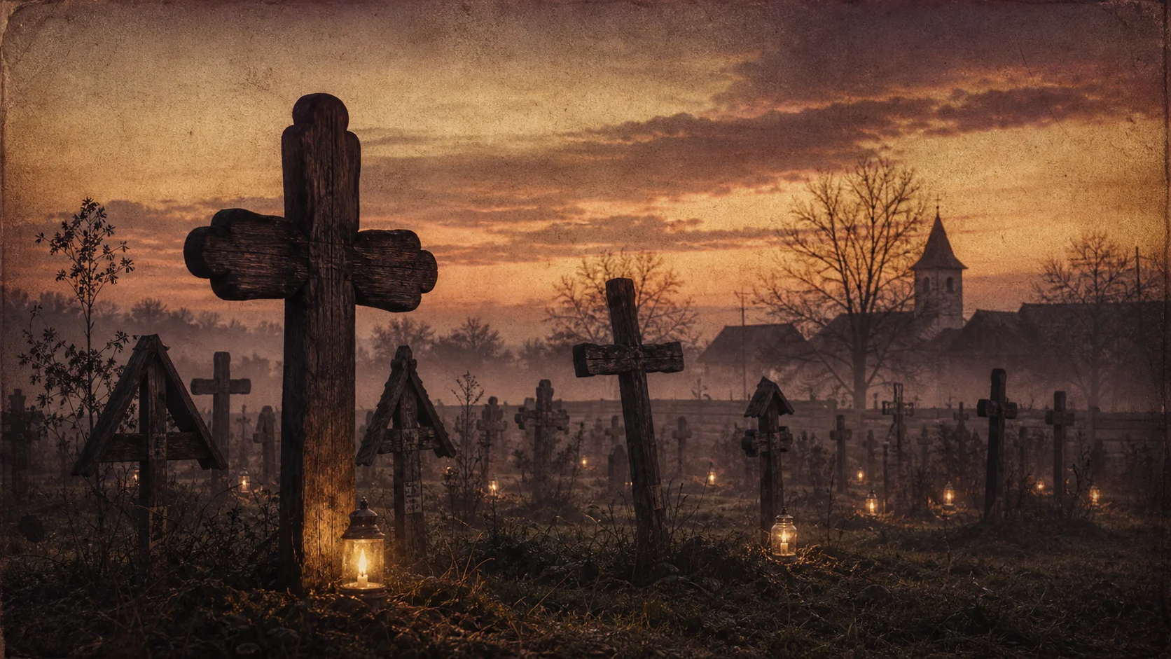 Cimitir de sat la asfințit cu lumânări — pragul între cei vii și cei plecați