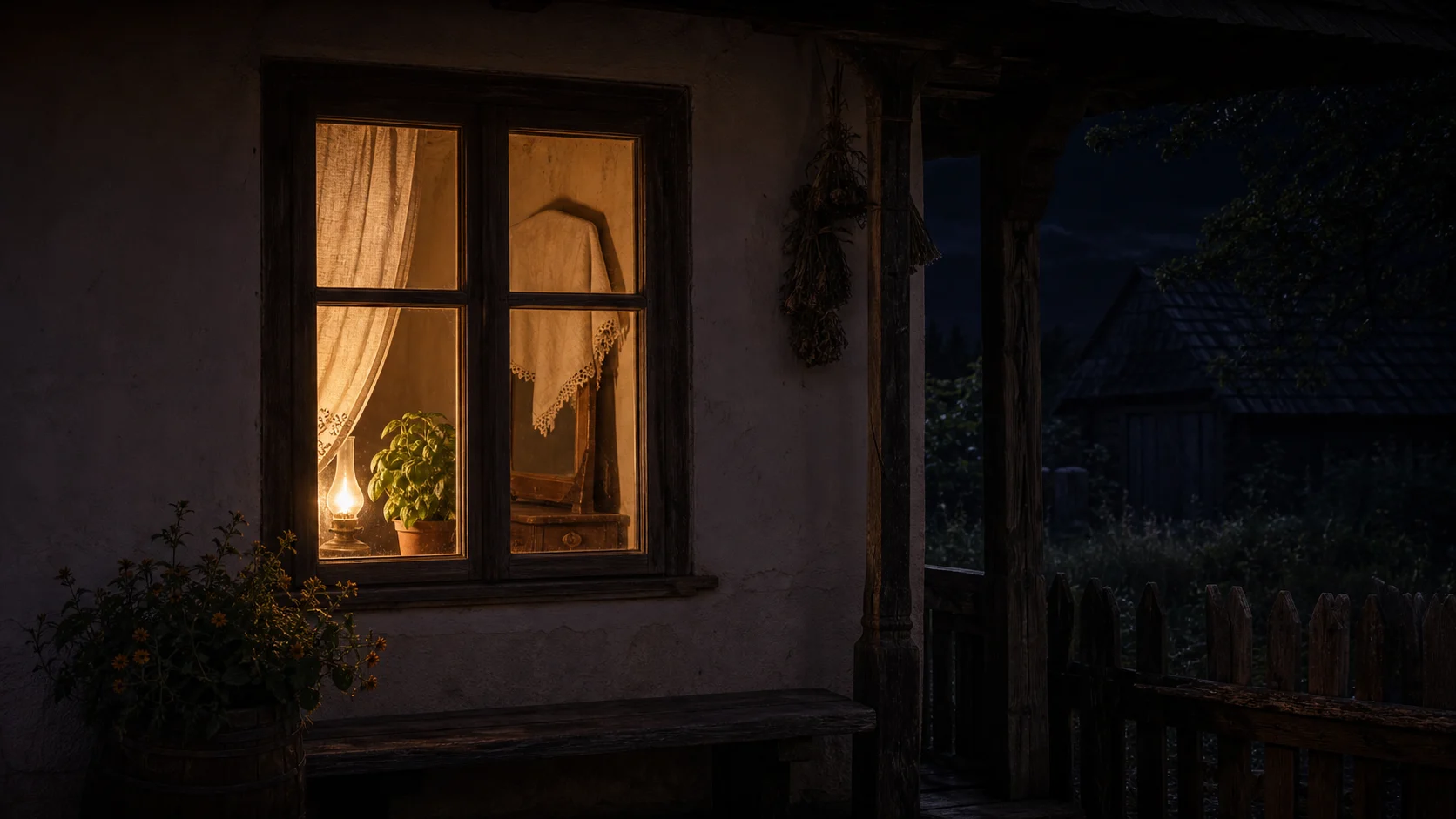 Casă țărănească cu fereastră luminată noaptea și busuioc pe pervaz — protecția domestică împotriva fricii difuze