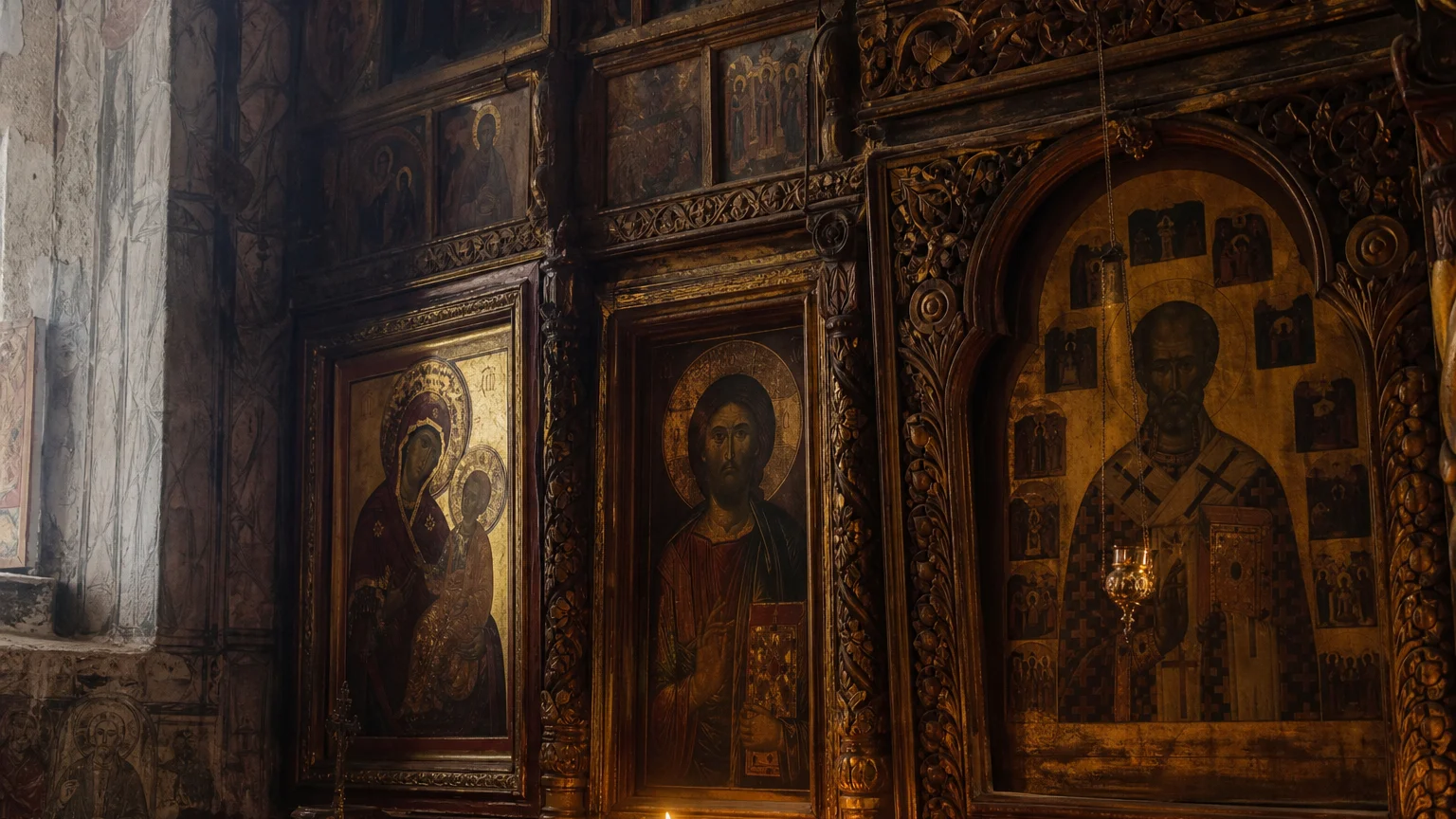 Iconostas vechi într-o biserică ortodoxă — mai multe icoane în rame de lemn sculptat, lumânări aprinse, atmosferă de penumbră caldă