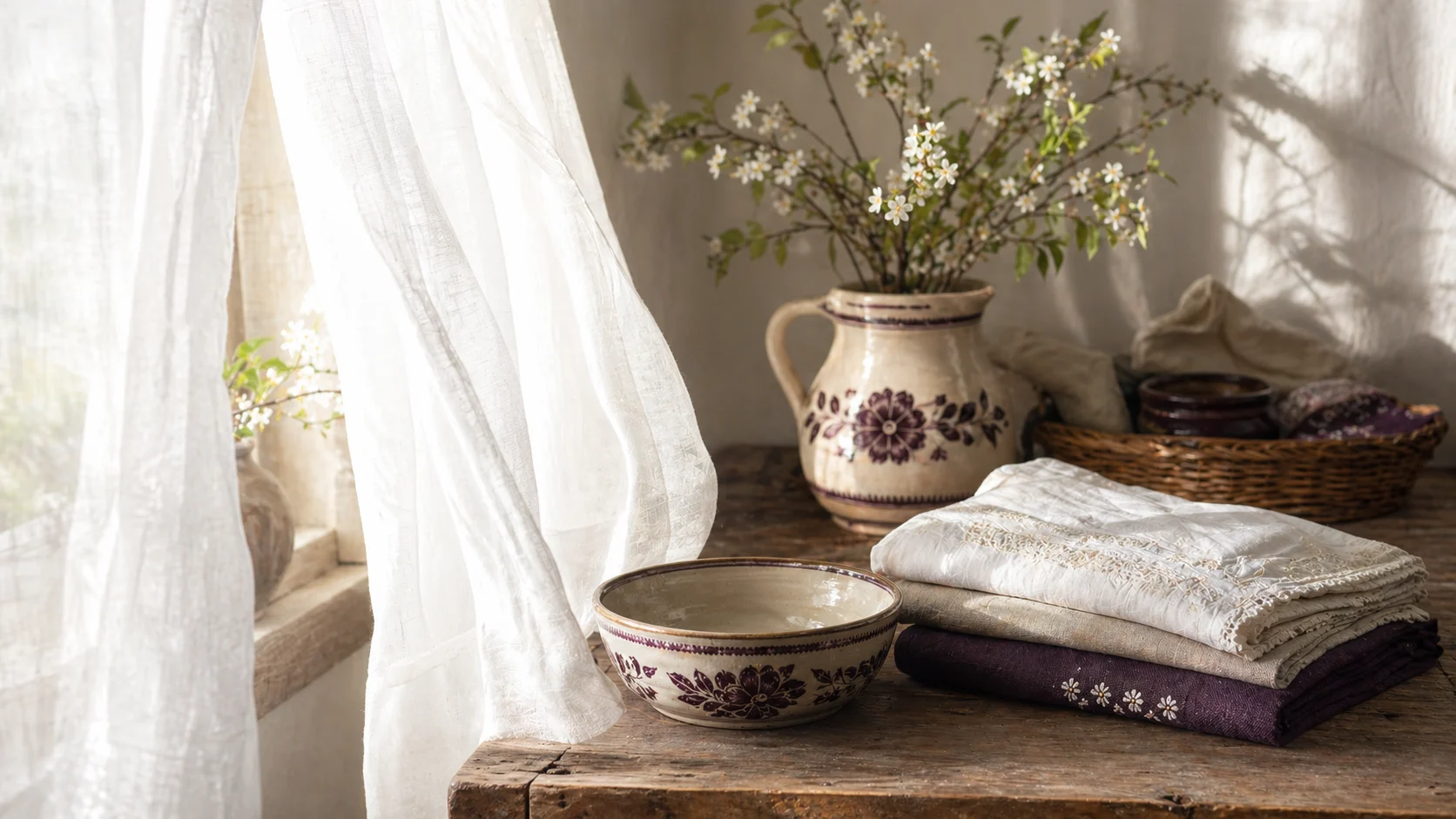 Cameră luminoasă de primăvară cu perdea albă și textile curate — curățenia de Paști ca ritual domestic