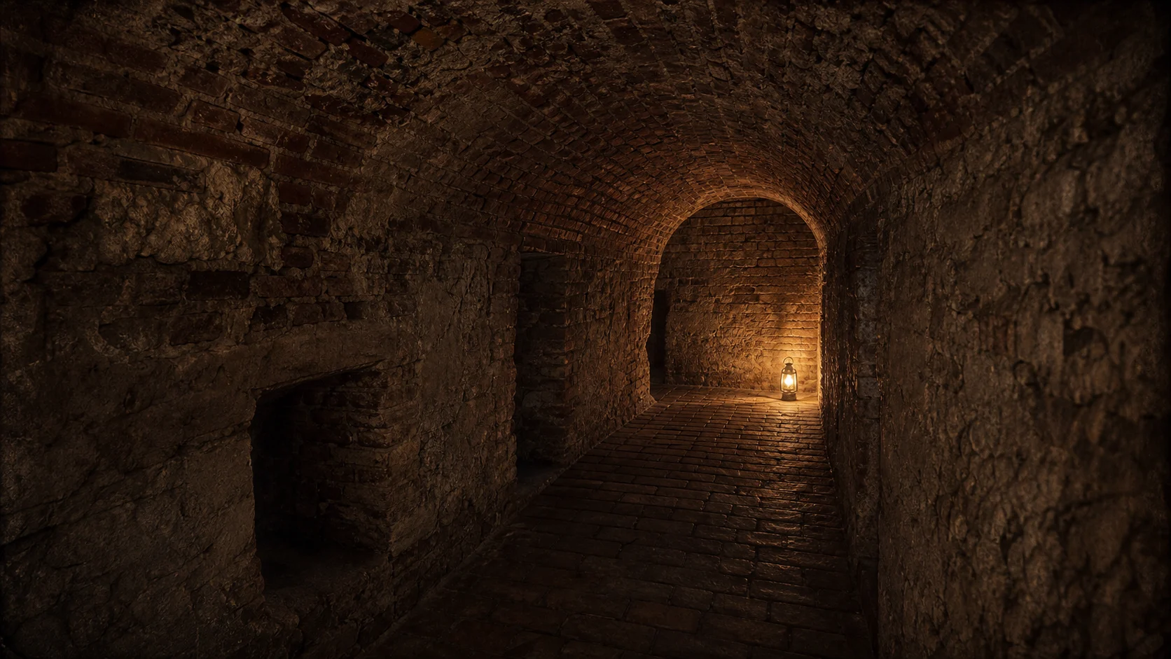 Tunel subteran cu boltă de cărămidă și lumină slabă la capăt — fascinația pentru ce e dedesubt