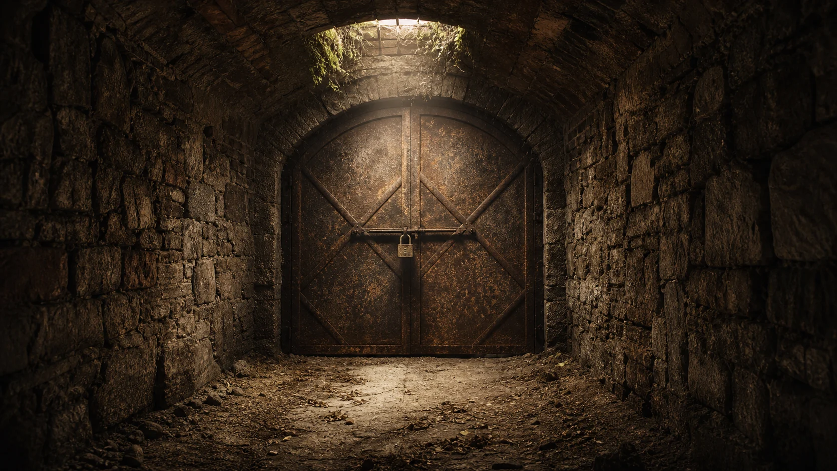 Intrare blocată într-un tunel vechi cu ușă de fier ruginită — felul în care misterul rezistă în lipsa documentației