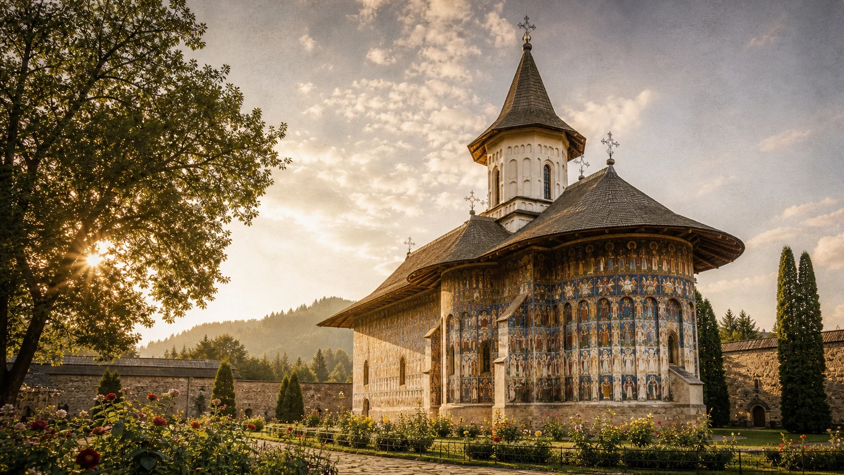 Mănăstire pictată din Bucovina cu fresce exterioare albastre și turlă cu șindrilă — o carte de citit, nu doar o biserică de privit