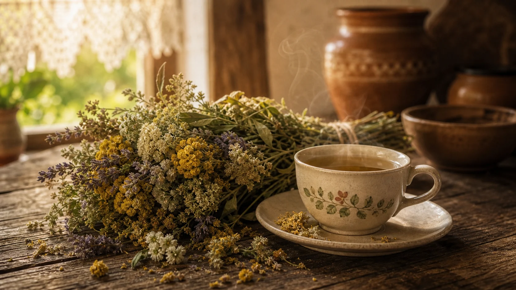 Ceașcă de ceai aburind lângă un mănunchi de plante uscate — infuzie acoperită, 5–10 minute, apă fierbinte, nu clocotită