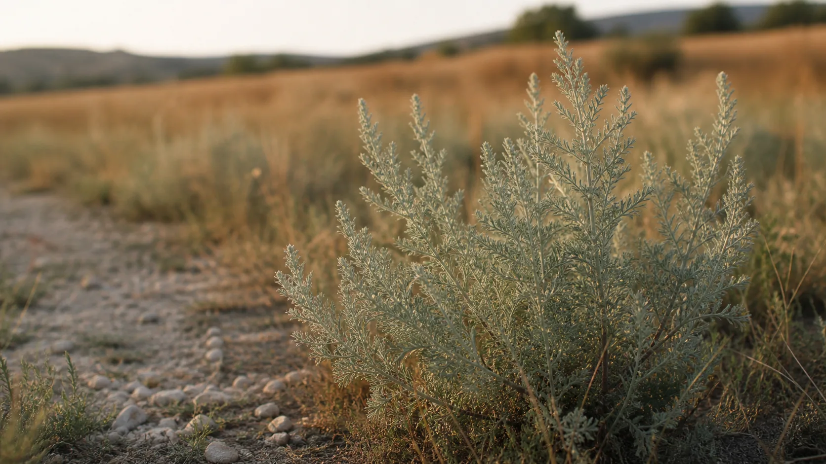 Pelin crescut spontan la marginea câmpului în lumină de vară — planta locurilor sărace