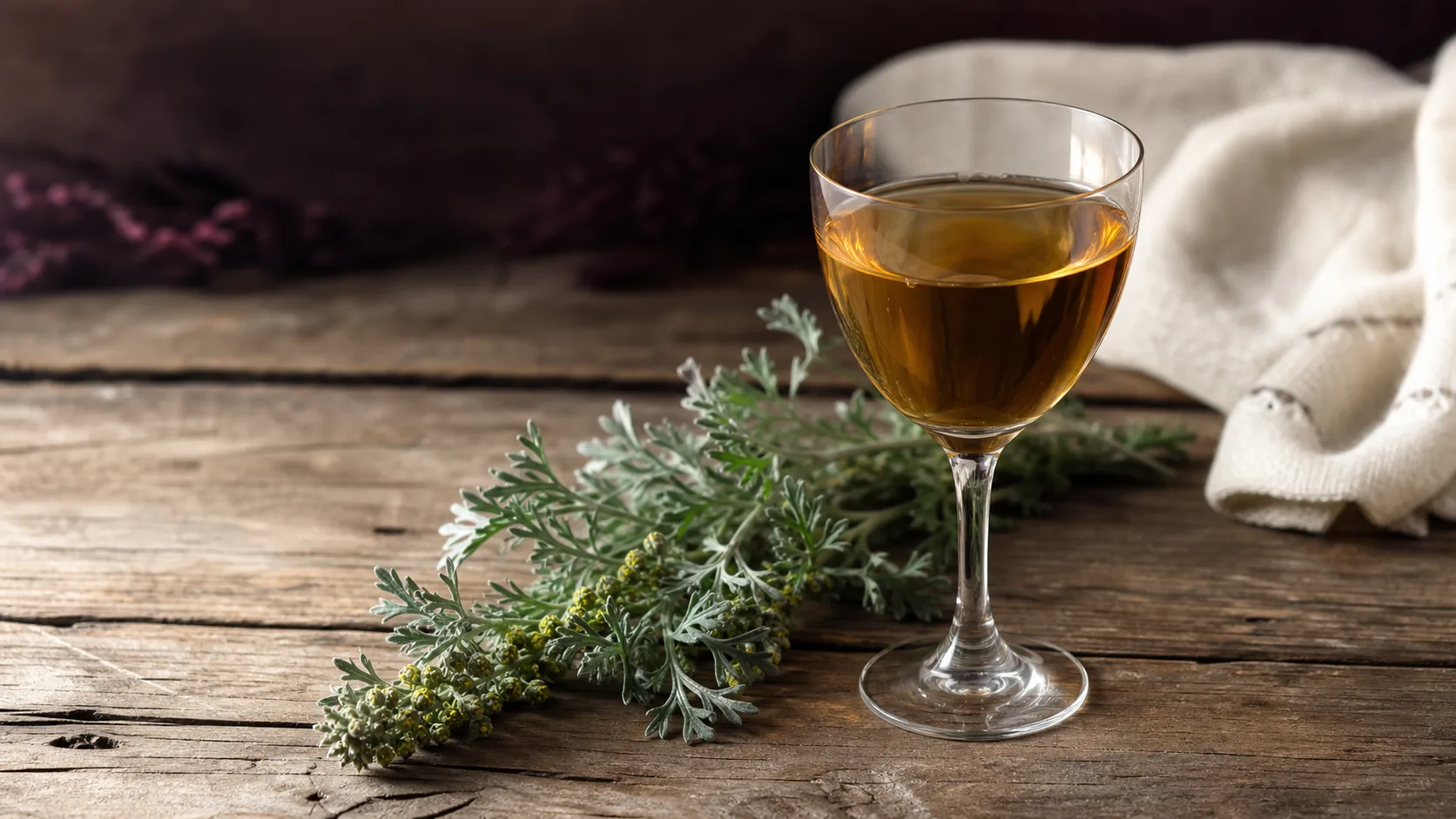 Pahar de vin pelin chihlimbariu lângă crenguțe proaspete de pelin — tonicul amar de primăvară