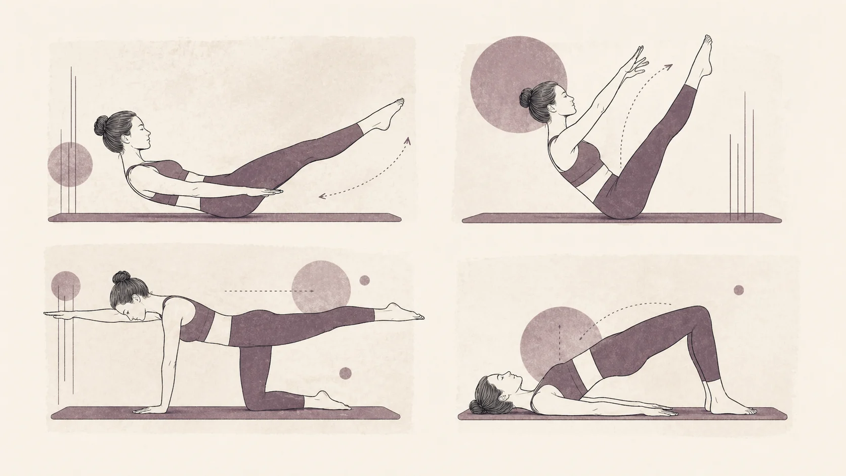 Exerciții de pilates ilustrate schematic — mișcări de bază pentru o rutină de început