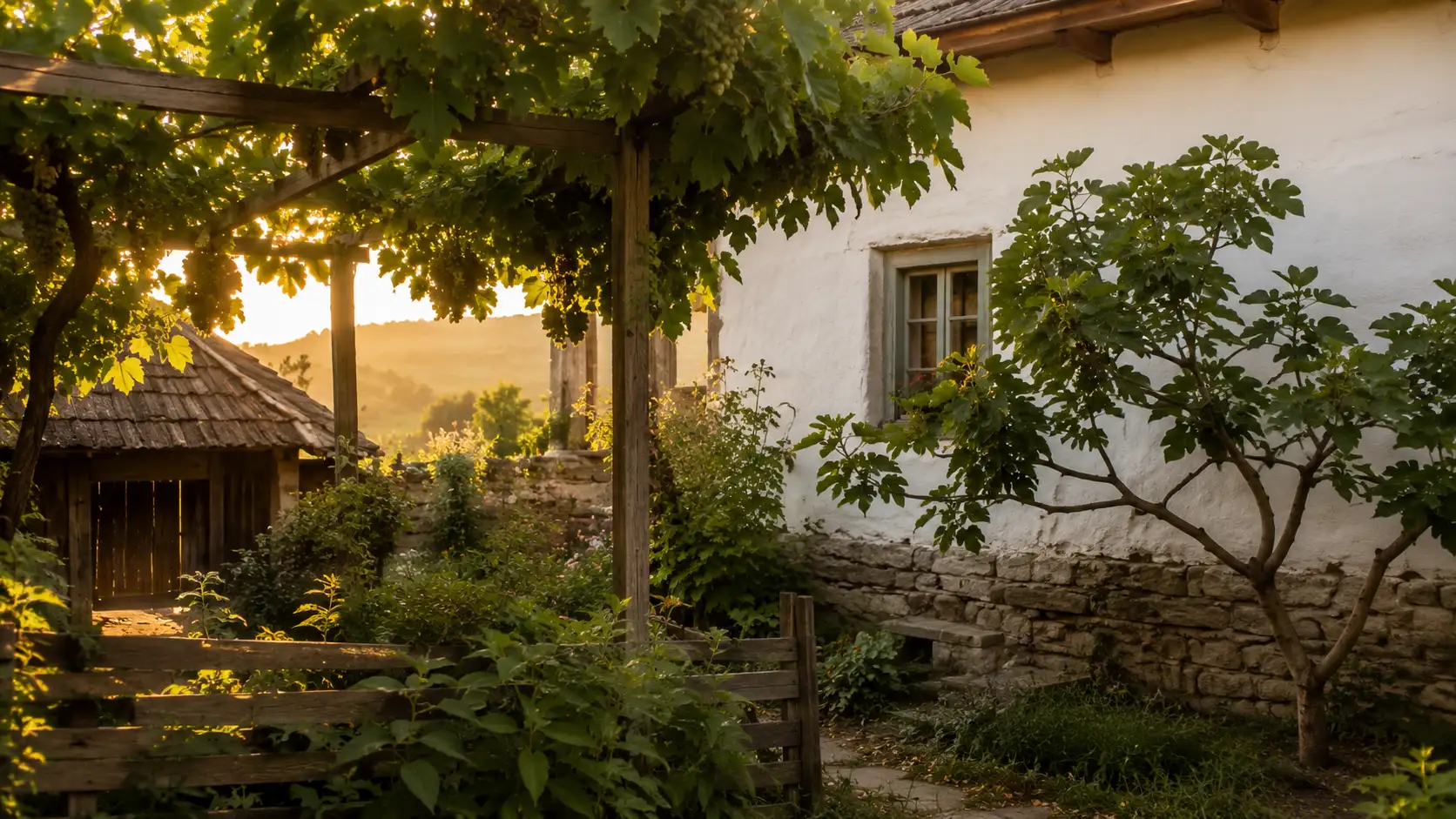 Grădină veche de sat cu viță urcată pe pergolă și un smochin lângă zidul casei — straturile reale ale unei „grădini biblice” fără să-i fi spus cineva așa
