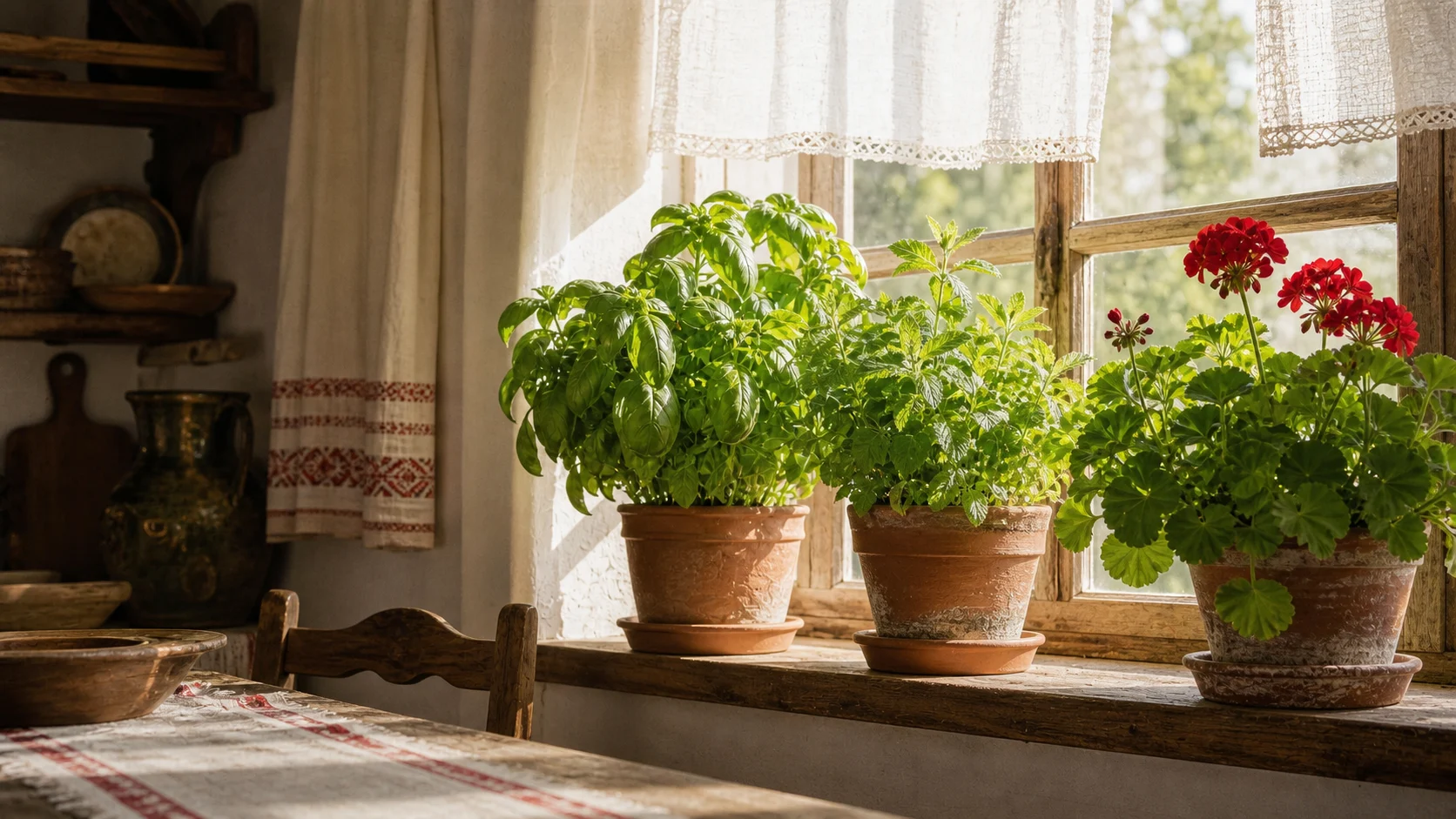 Pervaz cu busuioc, mentă și mușcată în lumina de dimineață — plantele de casă, între folos real și gest de îngrijire