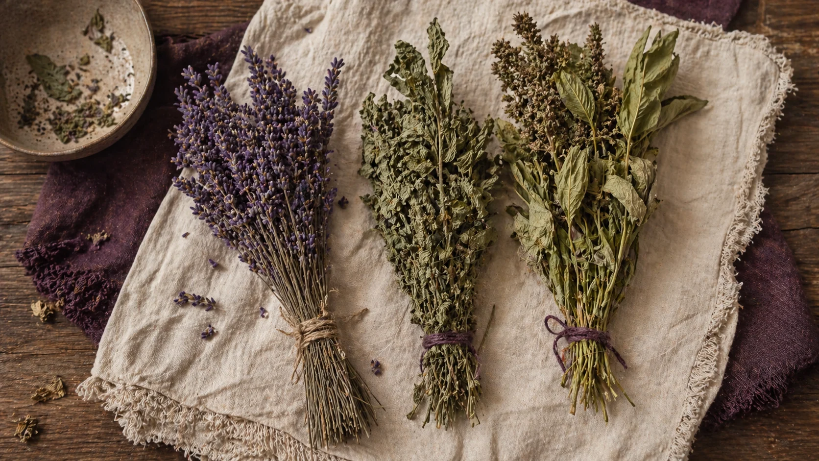 Legături de lavandă, mentă și busuioc pe pânză de in — plantele grădinii ca provizie domestică