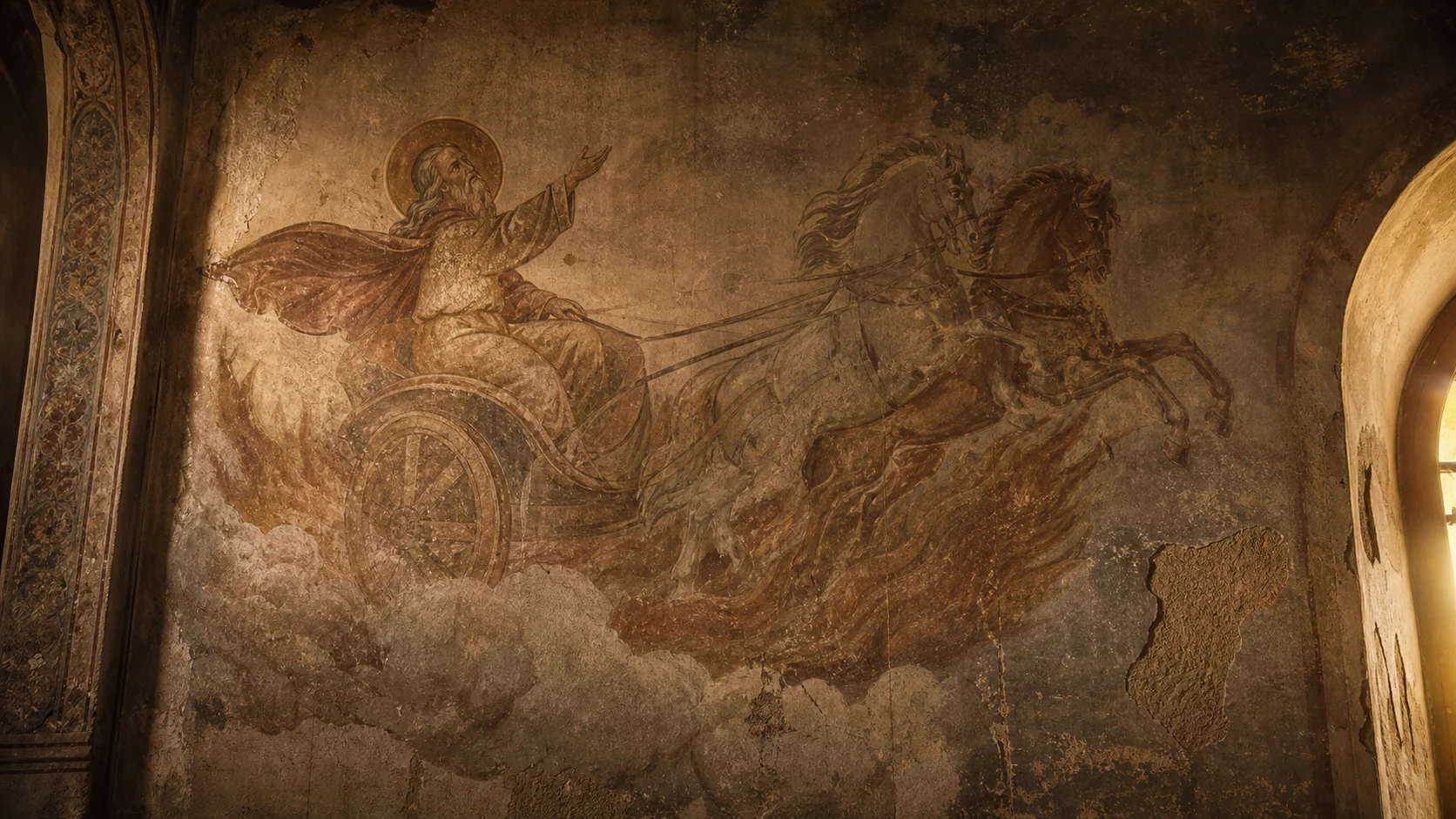 Icoană veche cu Sfântul Ilie în carul de foc — cum imaginea biblică s-a lipit peste un strat mai vechi