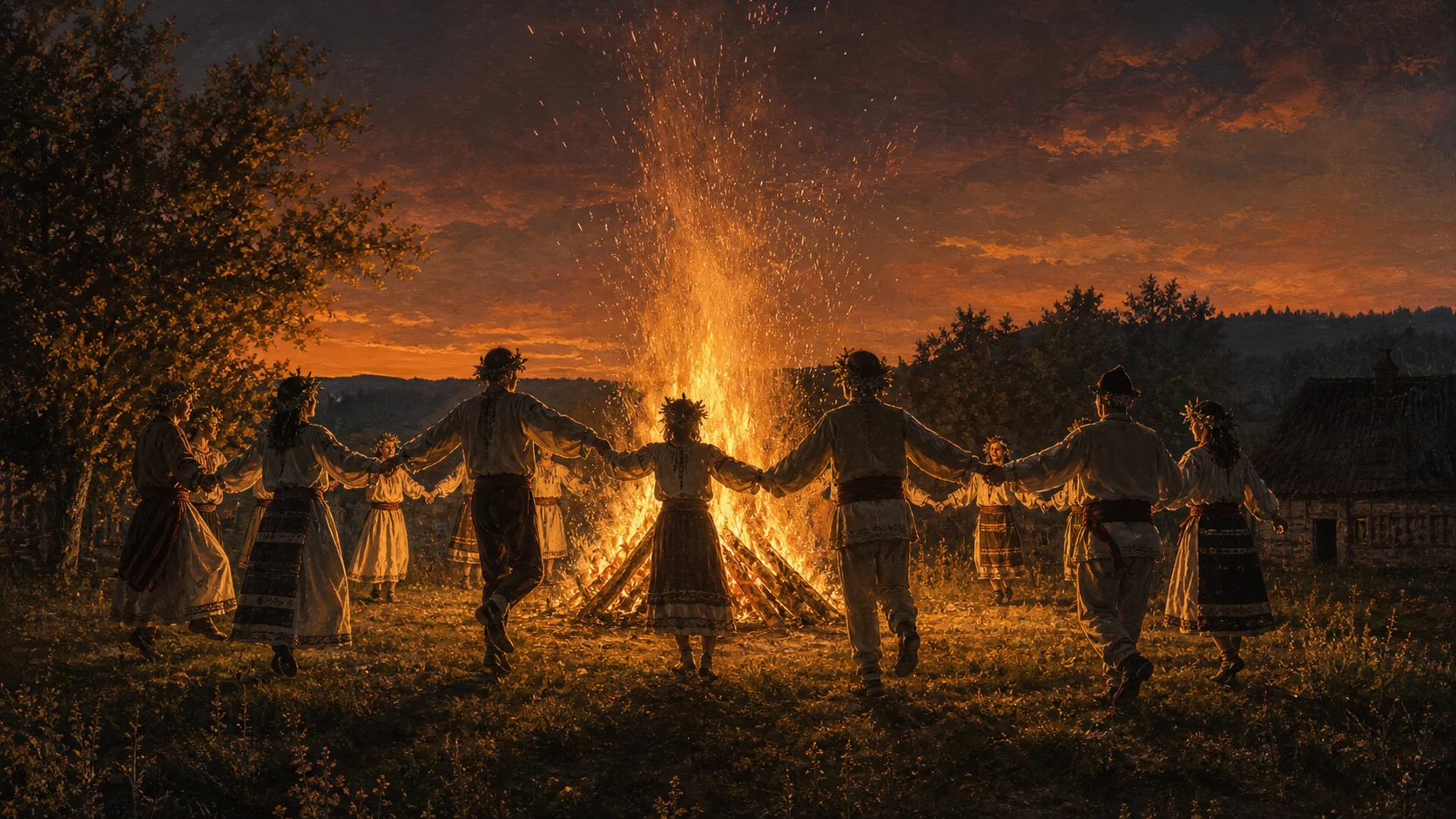 Foc mare de seară cu oameni dansând în jur — focul ca apogeu solar capturat ritual