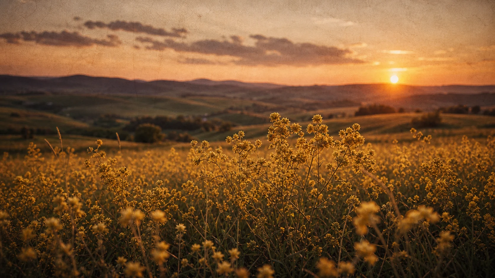 Câmp cu flori galbene de Sânziene la lumină de apus — pragul cel mai luminos al anului