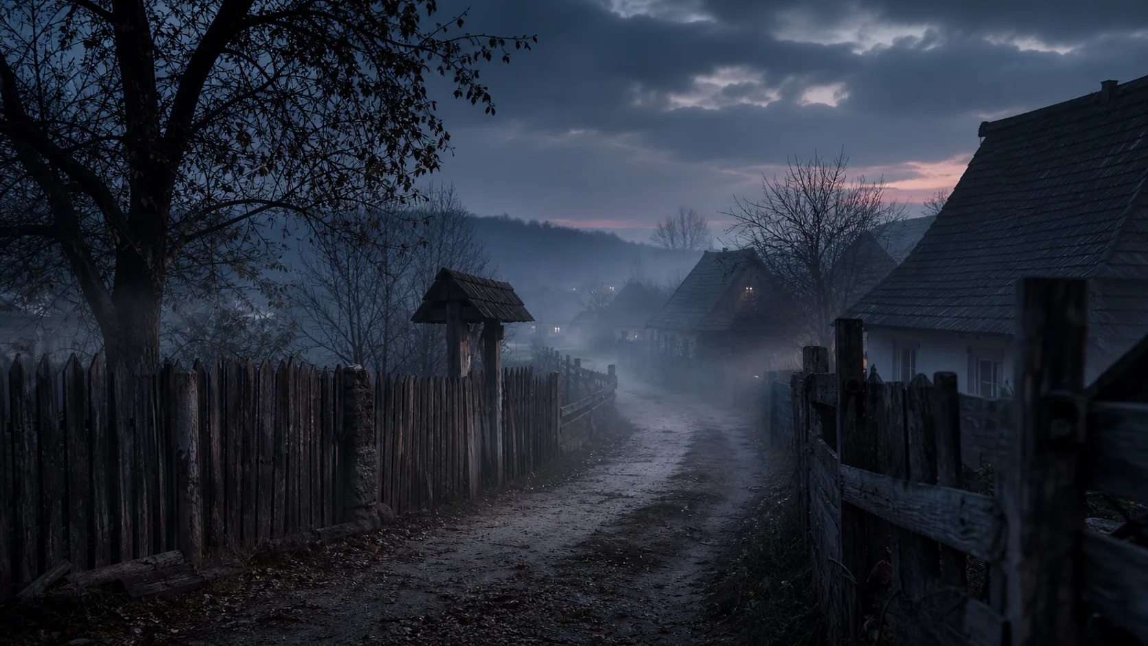 Sat seara cu ceață joasă printre garduri — prezență fără siluetă, atmosferă fără horror