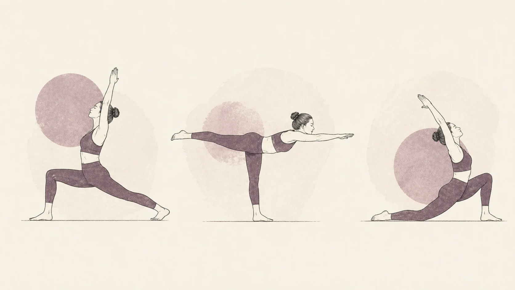 Trei poziții de yoga ilustrate schematic — o intrare simplă în practica zilnică